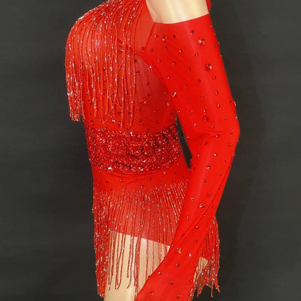 Sparkly Red Rhinestone & Fringe Long-Sleeve Mesh Bodysuit Dance Stage Costume