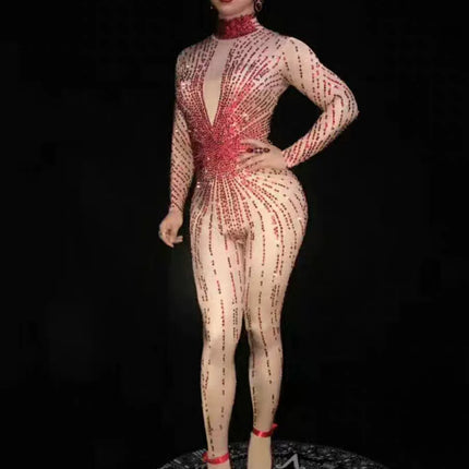 Crimson Red Rhinestone Catsuit Long Sleeve Illusion Stage Performance Jumpsuit