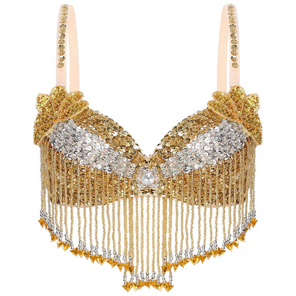 Sparkly Floral Beaded Sequin Belly Dance Bra & Tassel Performance Top