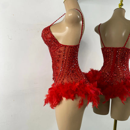 The Stardust Follies Feather Bodysuit – Luxury Rhinestone & Mesh Showgirl Costume