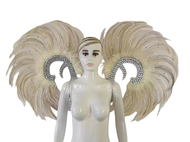 Showgirl Feather Wing Backpiece with Rhinestone Scroll Frames