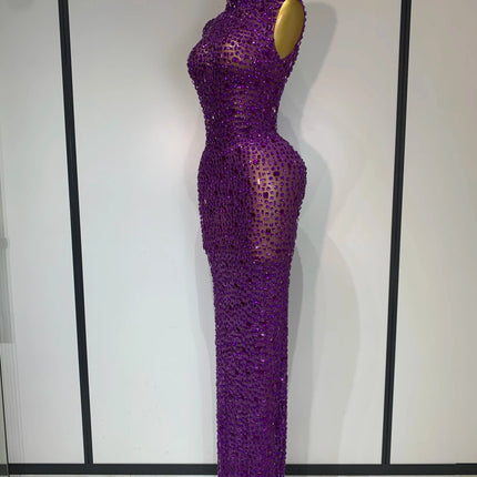 Sparkly Rhinestone Sleeveless Maxi Long Dress See-Through Sheer Mesh Stage Outfit