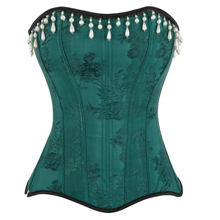 Green Floral Jacquard Overbust Corset Pearl Tassel Trim Bustier Top