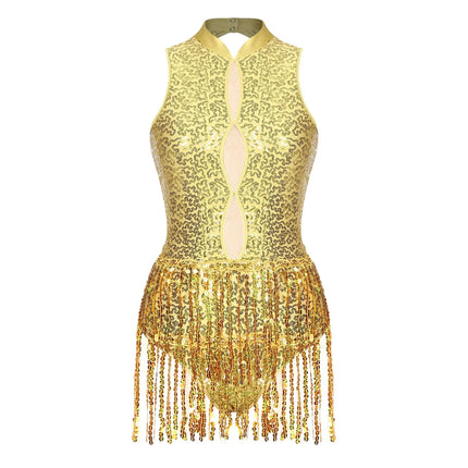 Glitter Sequin Fringe Latin Dance Leotard & Backless Performance Bodysuit