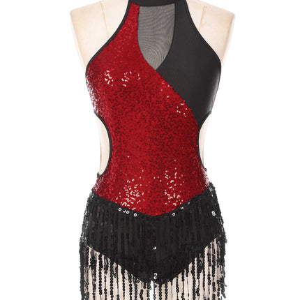 Sequined Fringe Latin Dance & Figure Skating Jumpsuit Leotard Set with Mesh Gloves
