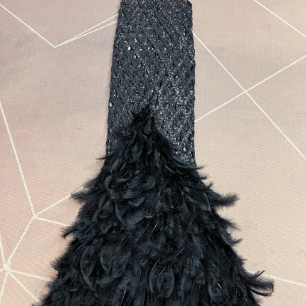 Sparkly Rhinestone Feather Sheer Mesh Evening Gown Stage Fashion Show Outfit