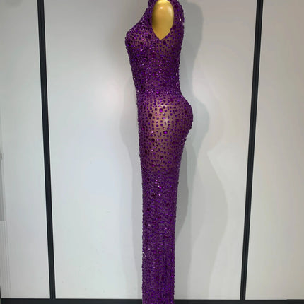 Sparkly Rhinestone Sleeveless Maxi Long Dress See-Through Sheer Mesh Stage Outfit