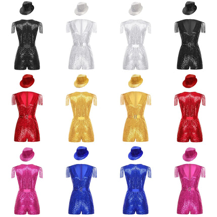 Sequin Tassel Romper, Adjustable Belt & Matching Hat Stage Dance Costume Set