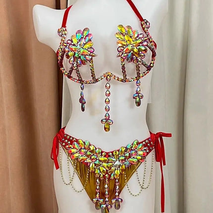 The Stardust Empress Royale – Deluxe Rhinestone Samba Carnival Wire Bra, Panty, Belt & Necklace 4-Piece Costume Set