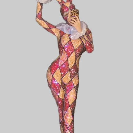 Futuristic Geometric Rhinestone Bunny Bodysuit – Luxury Showgirl Stage Costume & Exotic Festival Leotard with Statement Collar