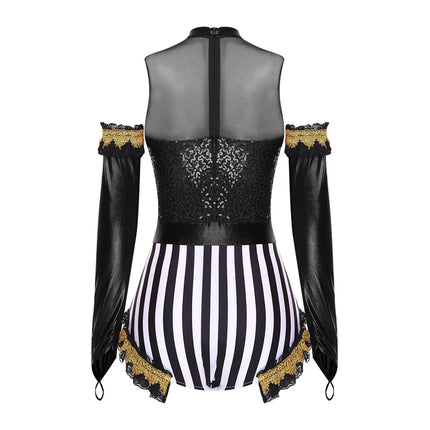 Circus Ringmaster Sequin Striped Bodysuit & Metallic Gloves 2-Piece Stage Costume Set