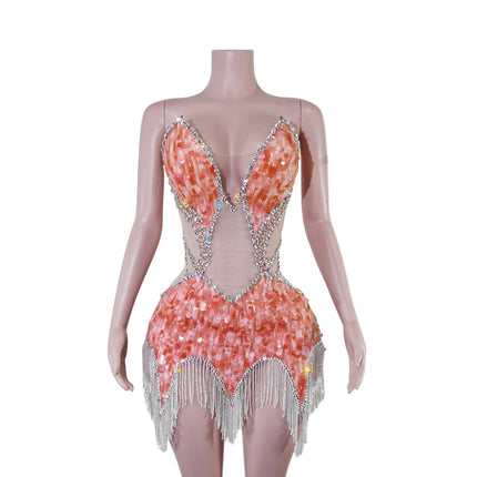 Sequin Beaded Tassels Mini Dress Crystals Mesh Bodycon Stage Performance Outfit