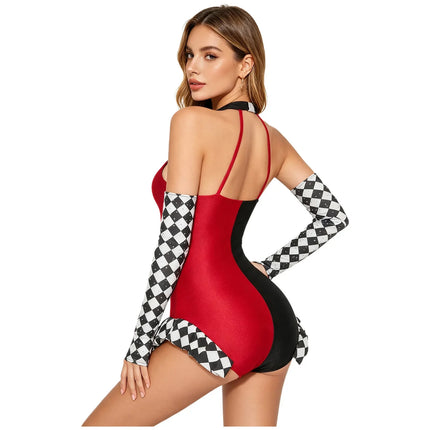Circus Harlequin Clown Plaid Halter Bodysuit & Arm Sleeves 2-Piece Cosplay Costume Set