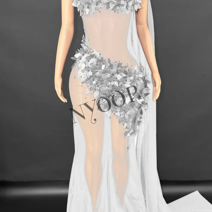 Sheer Rhinestone Applique Evening Gown Long Tail Showgirl Stage Performance Dress