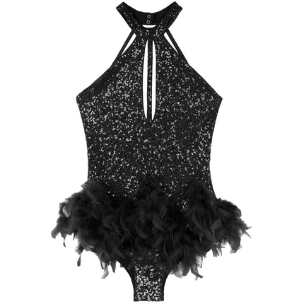 The Stardust Empress Royale – Sequined & Feathered Latin Dance Leotard Dress