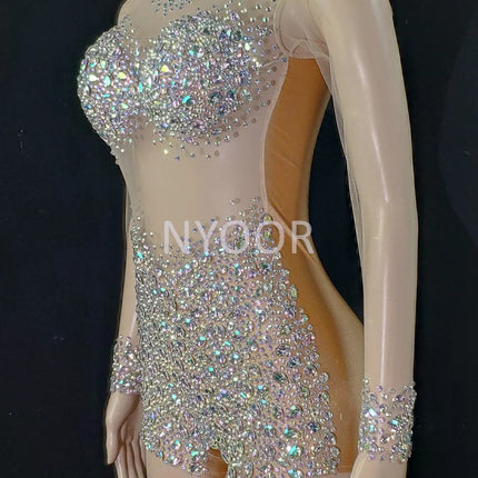 Luxurious AB Crystal Rhinestone Stage Dance Costume Illusion Romper
