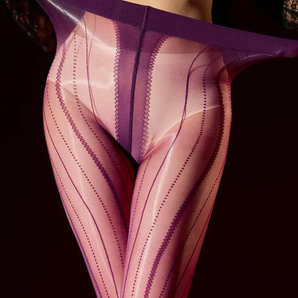 Striped Oil Glossy Sheer High-Waist Shaping Pantyhose Shiny Dance Tights