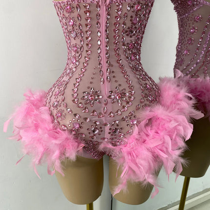 The Stardust Follies Feather Bodysuit – Luxury Rhinestone & Mesh Showgirl Costume