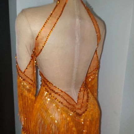 Orange Sparkly Crystal Fringe Bodysuit Off-Shoulder Stage Performance Costume Leotard