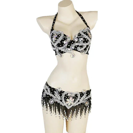 Dazzling Beaded Crystal Belly Dance Bra & Belt 2-Piece Costume Set