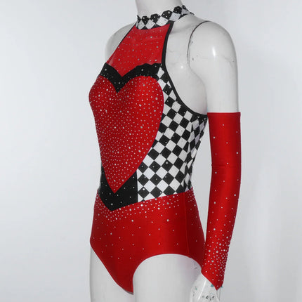 Queen of Hearts Rhinestone Halter Bodysuit & Sleeves Checkered Circus Stage Costume Set