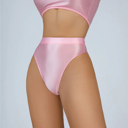 High-Waist Oil Glossy Sheer G-String Thong Satin Smooth Seamless Briefs