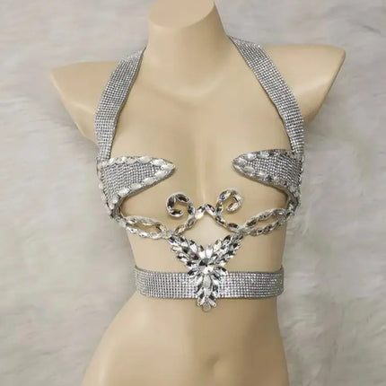 Sparkly Silver Carnival Rhinestone Wire Bra Festival Push-Up Dance Top