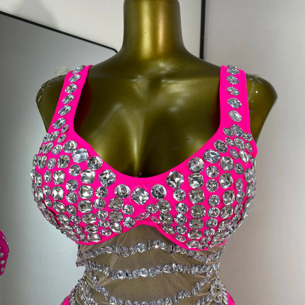 Hot Pink Rhinestone & Tulle Inset Open-Leg Maxi Evening Gown