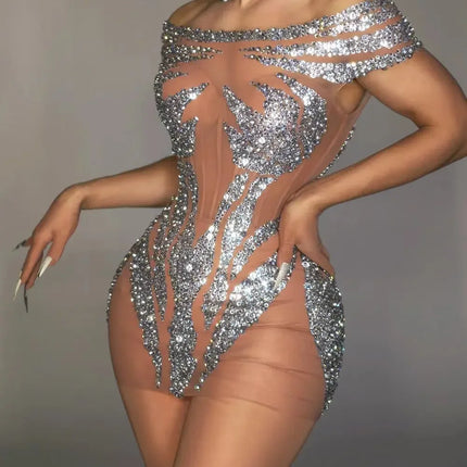 Sparkly Silver & Red Rhinestone Sleeveless Mini Dress Stage Costume