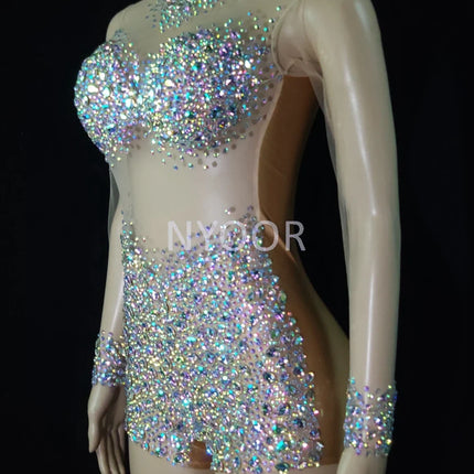 Luxurious AB Crystal Rhinestone Stage Dance Costume Illusion Romper