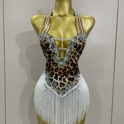 The Wildcat Stardust Tassel Bodysuit – Luxury Rhinestone Leopard Showgirl Costume