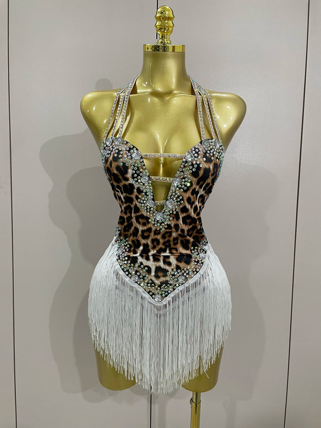 The Wildcat Stardust Tassel Bodysuit – Luxury Rhinestone Leopard Showgirl Costume