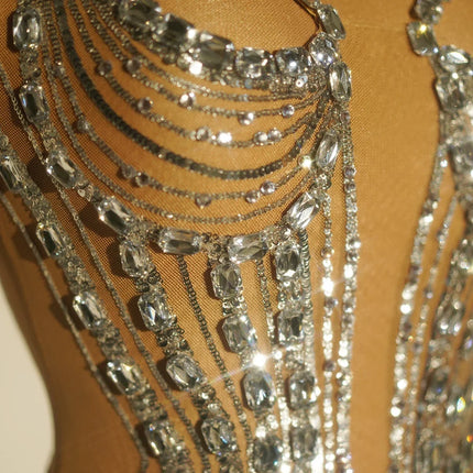 Sparkly Rhinestone & Sequin Sheer Illusion Long Dress Performance Costume