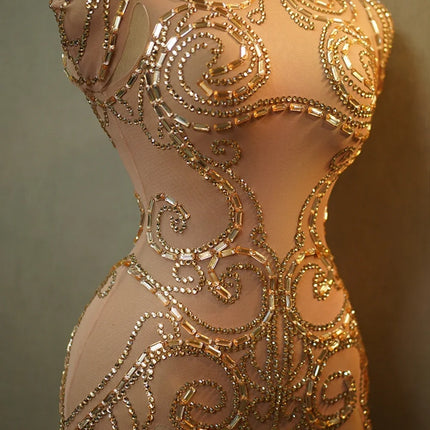 Gold Sparkly Rhinestone Sheer Mesh Bodysuit Stage Performance Costume