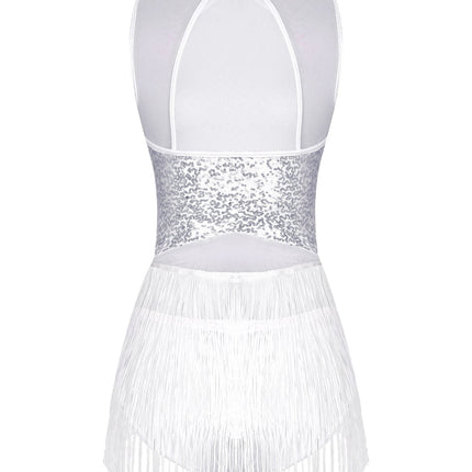 Women Sequins Diamond Latin Jazz Dance Costume Sleeveless Cutout Back Flowy Tassel Dress Leotard Tango Cha-Cha Samba Dancewear