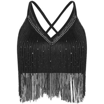 V-Neck Crisscross Back Tassel Fringe Crop Top Latin Salsa Dance Costume