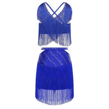 Sparkly Rhinestone & Tassel Fringe Two-Piece Latin Tango Dance Outfit Set