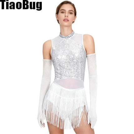 Sparkly Sequin & Fringe Dance Dress with Gloves Latin Stage Performance Costume