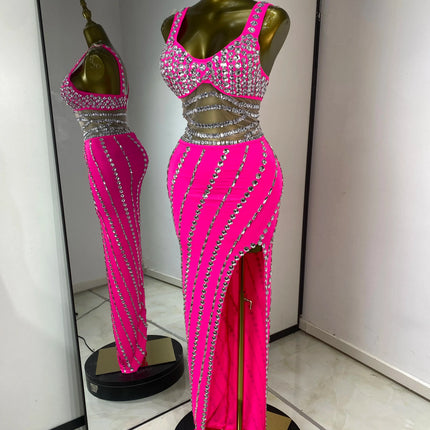 Hot Pink Rhinestone & Tulle Inset Open-Leg Maxi Evening Gown