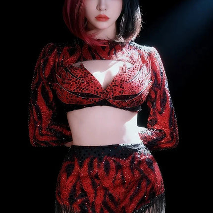 Crimson Red Crystal Cutout Crop Top & Shorts 2-Piece Stage Dance Costume Set