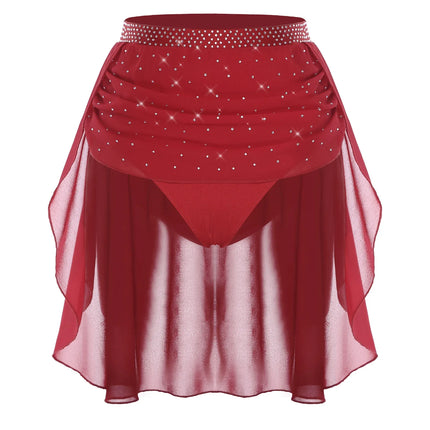 Womens Modern Lyrical Dance Skirt Performance Costume Sparkly Rhinestone Irregular Chiffon Hem Built-in Briefs Skirt Dancewear