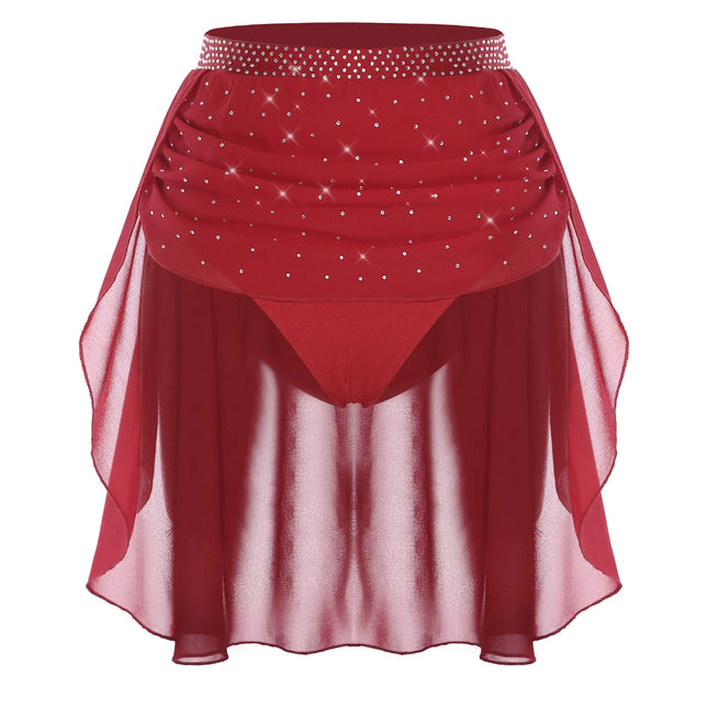 Womens Modern Lyrical Dance Skirt Performance Costume Sparkly Rhinestone Irregular Chiffon Hem Built-in Briefs Skirt Dancewear
