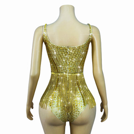 Gold Crystal Rhinestone Chain High-Cut Stage Performance Bodysuit Leotard