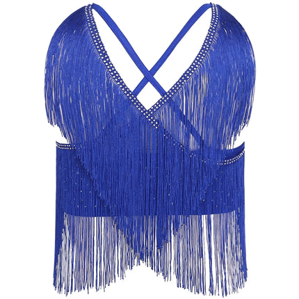 V-Neck Crisscross Back Tassel Fringe Crop Top Latin Salsa Dance Costume