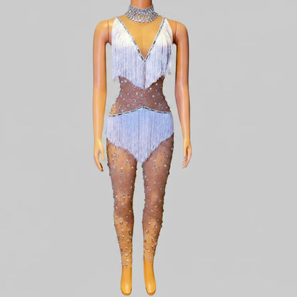 Silver Shattered Rhinestone Tassel Bodysuit Sheer Illusion Stage Jumpsuit