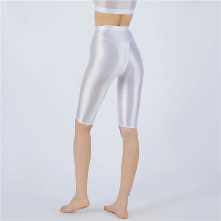 Oil Glossy High-Stretch Knee-Length Shorts Satin Shine Performance Biker Shorts