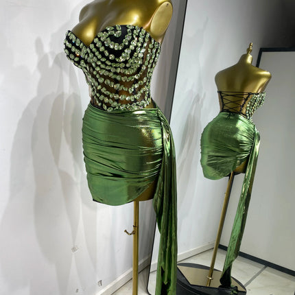 Rhinestone Tube Bustier Corset Top & Bronzing Mini Skirt 2-Piece Performance Set