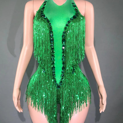 Sparkly Emerald Green Rhinestone Sequin Fringe Bodysuit Backless Stage Leotard