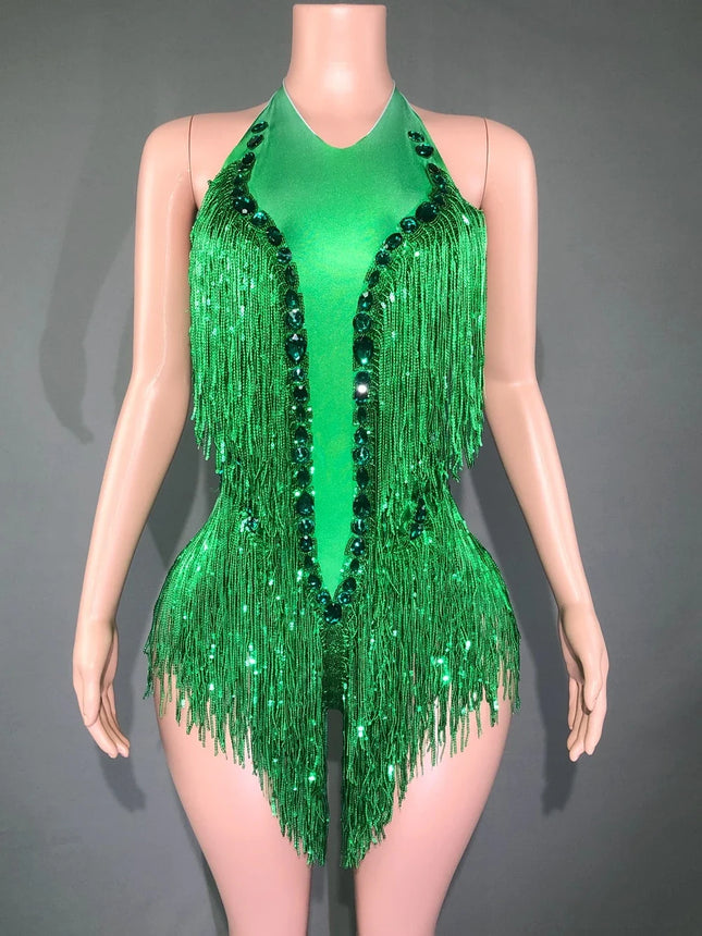 Sparkly Emerald Green Rhinestone Sequin Fringe Bodysuit Backless Stage Leotard