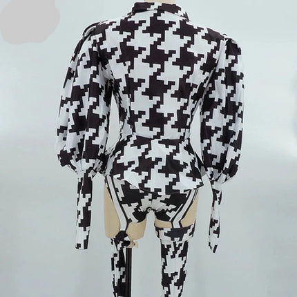 Houndstooth Geometric Print Bodysuit, Over-Knee Boots & Statement Hat 3-Piece Stage Costume Set